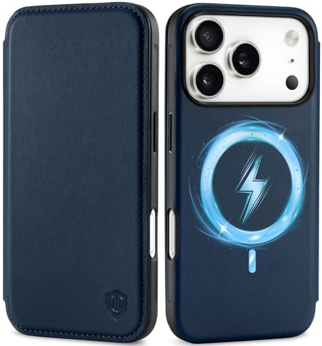 SHIELDON Dünn Rindsleder Hülle für iPhone 18 Pro/17 Pro 6,3 5G, Marineblau | Kabelloses Laden, 3 Kartenfach, Magnetverschluss, Handy-Ösen, Schutzhülle, Klappbare Case, Handyhülle