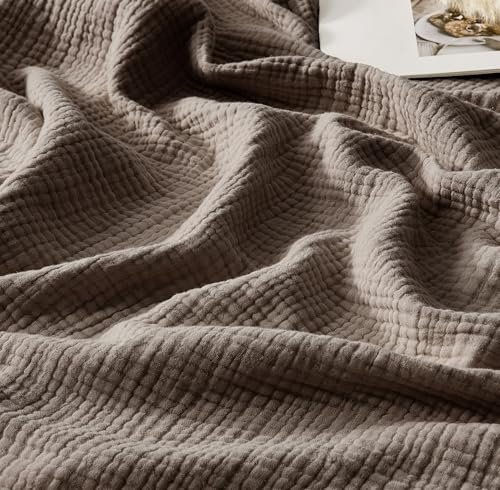 R.SHARE Coperta Mussole 100% Cotone per Adulti 130x150cm Coperta Cotone 4 Strati con Frange Traspirante Morbida Copriletto Estivo Matrimoniale Copridivano, Moka