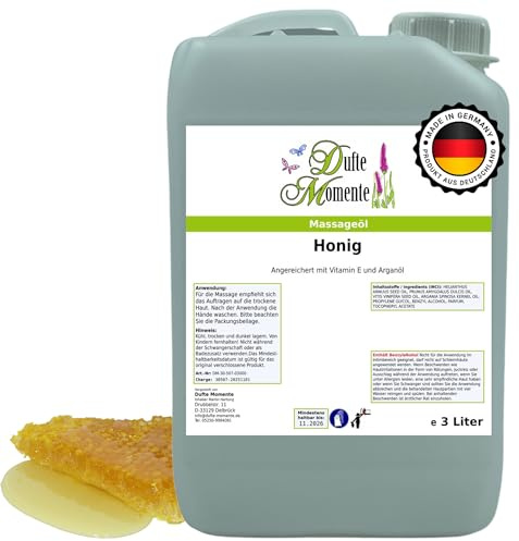 Dufte Momente Massageöl Honig – 3 Liter – Pflanzenölbasis mit warmem Honigduft – pflegend & wohltuend – für Massage & Wellness – vegan & Made in Germany