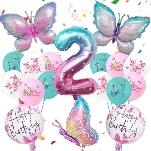Schmetterling Geburtstagsdeko 2 Jahr Mädchen,Luftballon Happy Birthday,Folienballon Schmetterling Rosa,Folienballon Geburtstag für 2. Kindergeburtstag Dekoration, Mädchen Themen Party Deko