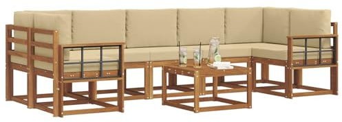 vidaXL Outdoor-Sofagarnitur mit Kissen 8 pcs Natur und Beige, Sofa-Set aus Akazienholz für draußen, modernes modulares Design, Loungemöbel für die Terrasse, Flexibles Garten-Sofa, Garten-Lounger
