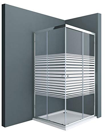 Sogood Duschkabine Schiebetür 90x90cm Eckeinstieg Duschabtrennung Inklusive Duschwanne Milchglas Streifen Eckdusche 6mm ESG Glas Höhe 190cm Rav16MS