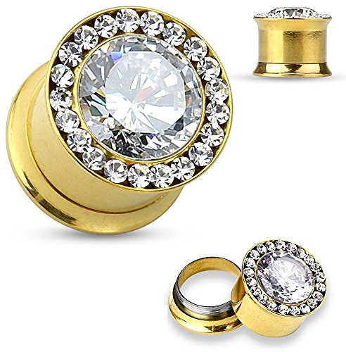eeddoo Flesh Tunnel Kristall Double Flared Gold Edelstahl 6 mm