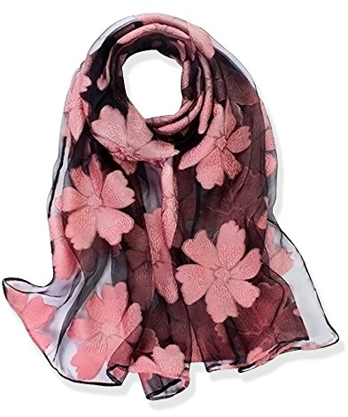 YFZYT Organza-Schal für Damen mit Feder Stickerei Muster/Elegantes Accessoire für Frauen/Organza-Schal/Halstuch/Schulter-Tuch/Schal Chiffon Stola Scarves - Pinke Blume