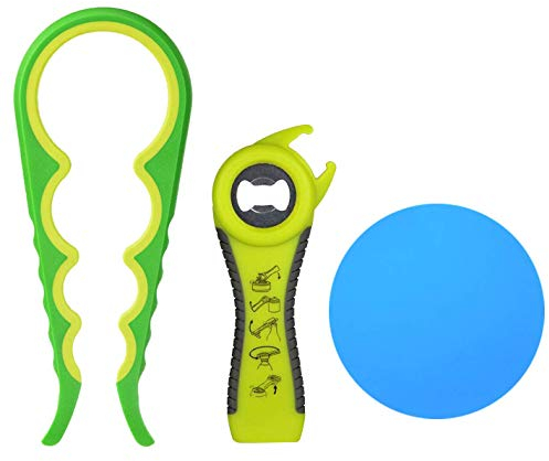 Ouvre Bouteille 4 en 1, Manuel 5 en 1 Ouvre boîtes manuels Silicone Pot Gripper 3 Packs, Anti-Slip Bière ouvre Bouteille Cuisine Gadgets pour les mains faibles personnes âgées et l'arthrite