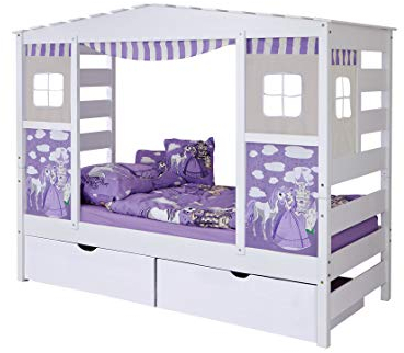 TiCAA Hausbett mit Bettkasten Horse Lila Kiefer Weiß