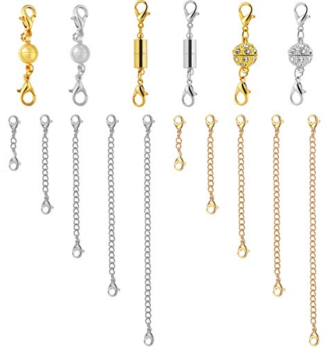 Verlängerung Kette, Netspower 16 Stück Edelstahl Halskette Extender Kette Armband Magnetische Schmuck Verschlüsse Magnetverschluss Karabinerverschlüsse für Halskette, 8 Größen