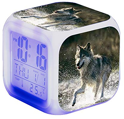 Nicole Knupfer Wolf Wecker Kinder Wecker LED Night Nachttischwecker Quadrat Beleuchteter LCD Uhr Wake Up Wecker Geschenk Muster Wolf (#13)