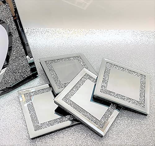 Lesser & Pavey The Leonardo Collection Mirrored Silver Glass Coasters With Multicrystal Border - Set Of 4 Glass Coasters