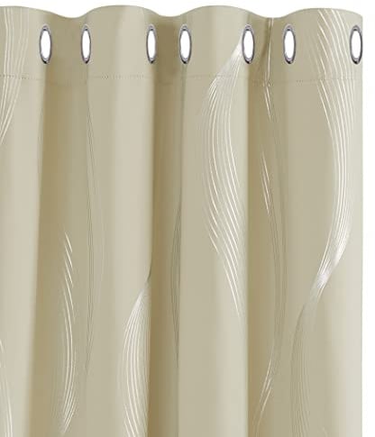 Deconovo Blackout Curtains Eyelet Silver Wave Foil Printed Curtains Thermal Insulated Window Treatment for Living Room 52x84 Inch Beige 2 Panels