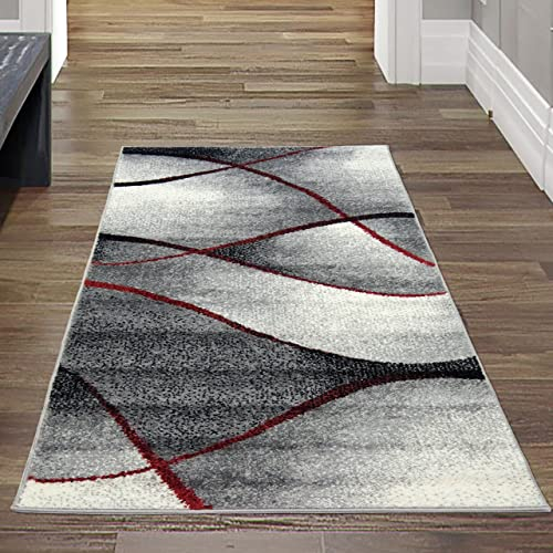 Teppich-Traum moderner Wohnzimmer Teppich Wellen Design in rot grau anthrazit - pflegeleicht Größe 60x110 cm