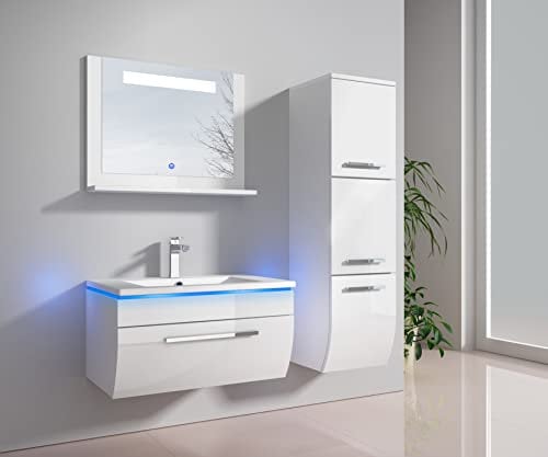 Badmöbelset Hochglanz Weiß - Badezimmermöbel Badmöbel Set mit Waschbecken - Vormontierte Komplettprogramme für Badezimmer - Bademöbel Angebot Doppelwaschbecken mit Waschbeckenunterschrank