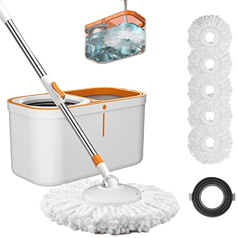 Juego de fregona giratoria y Cubo con Sistema de escurridor, Mango extendido de Acero Inoxidable de 61 Pulgadas para Uso de Limpieza de Pisos en el hogar con 5 Cabezales de Repuesto y 1 Cabezal de