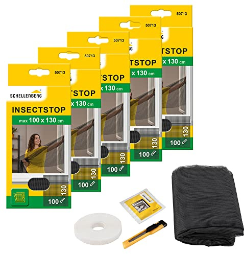 Schellenberg 5er Spar-Pack 50713 Fliegengitter für Fenster Insektenschutz und Mückenschutz inkl. Klebestreifen, ohne Bohren, 100 x 130 cm, anthrazit