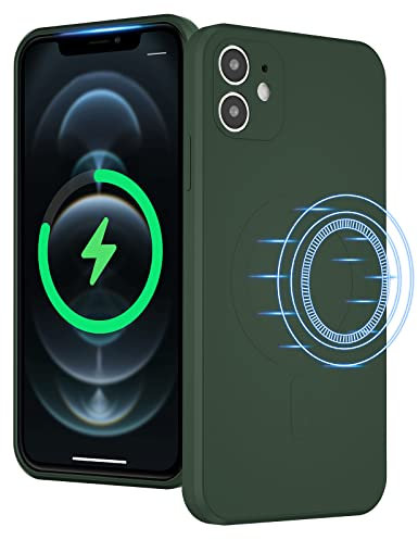 UEEBAI Wireless Charging Case For iPhone 12 6.1 inch, Liquid Silicone Built-in Magnets Phone Case Compatible with MagSafe Faster Charging Slim Fit Soft Microfiber Cover - Dark Green