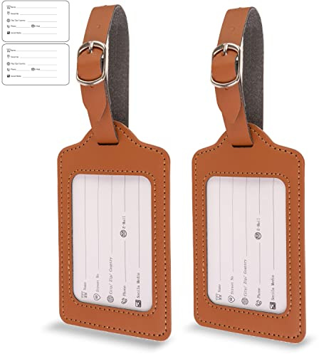 Étiquette de valise avec étiquette d'adresse, 2 Pack, en marron, étiquette élégante en similicuir, pour voyage en avion, croisière, étiquette de nom de valise, Luggage Bag Tag ID Card