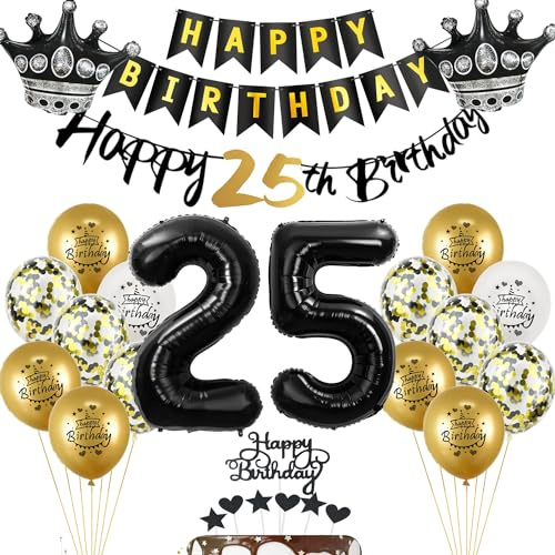 Globos y Decoración para 25 Cumpleaños Hombre/Mujer - Set Negro/Oro con Guirnalda y Decoración de Tarta
