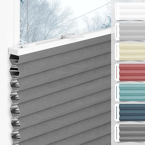 bobodeco Wabenplissee Plissee ohne Bohren Verdunkelung Klemmfix Thermo Verdunklungsplissee, Grau-Weiß 70x110 cm(BxH), 100% Verdunkelnd & Sicht- & Schallschutz, Wärmeisolierung für Fenster & Tür
