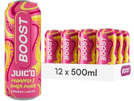 Boost Juic'd Pineapple & Guava Punch Energy Drink, 12 Pack, 500ml Cans | Real fruit juice energy blend featuring tropical pineapple and sweet guava.