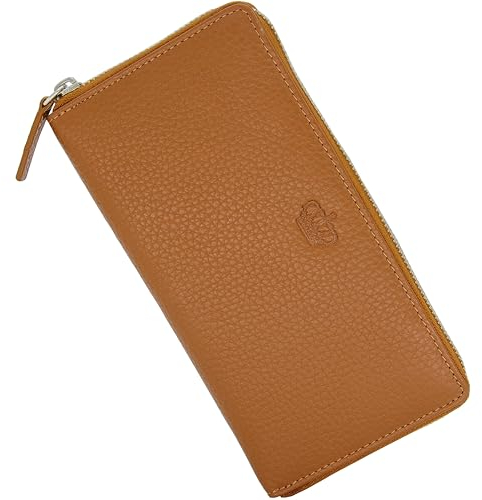 Baur Damen Geldbörse Echt Leder Geldtasche | Geldbeutel mit RFID Schutz | Großes Portemonnaie viele Kartenfächer | Wallet mit Rundum-Reißverschluss | Portmonee | Damen-Geldbörsen (Cognac)