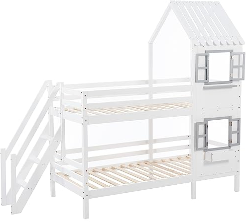 HAINEW Etagenbett 90×200cm Mit Handlauf und Fenster, Kiefer Holzbett Hausbett Kinderbett Mit Fallschutz und Gitter, Stockbett Hochbett Einzelbett Bodenbett Für Kinder, Jugendliche (Weiß)