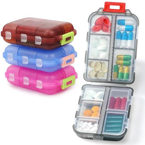 4 Pack Travel Pill Box – Small 10 Grid Compartments Pocket Pharmacy, Portable Medicine Organiser, Mini Daily & Weekly 7-Day Pill Case (Compact & Lightweight)