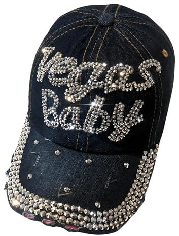 Popfizzy Bling Las Vegas Babymütze, Strass Las Vegas Baseballkappe für Frauen, Las Vegas Souvenir, Bedazzled Las Vegas Geschenke, Vegas Babymütze (Dark Denim), Einheitsgröße