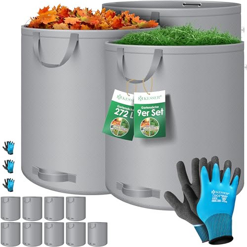 KESSER® Gartensack 9X 272L Set Laubsack Gartenabfallsack inkl. Handschuhe - Selbststehend 4 Griffe Stabil Robust & Faltbar - Laubsäcke Rasenschnitt Gartensäcke für Gartenabfälle Grünschnitt Grau