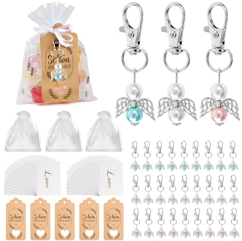 WuGU 30 PCS Regalos de Ángel de Guarda, Boda Bautizo Colgante Llavero Sets con Bolsa de Organza, Llavero Ángel de la Guarda, Etiquetas Kraft y Tarjeta de Felicitación, para Boda Bautismo Comunion