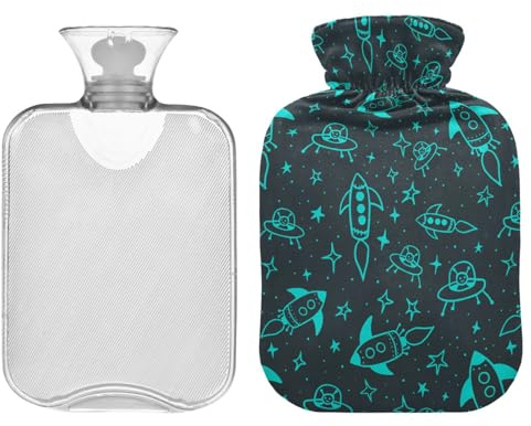 ZZXXB Space Rocket Hot Cold Water Bottle with Fleece Cover PVC Hot Water Bag 2 Liter