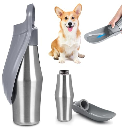 BYZESTY Botella de agua para perros, 750 ml, plegable 180°, portátil, acero inoxidable, gris, para perros, exterior
