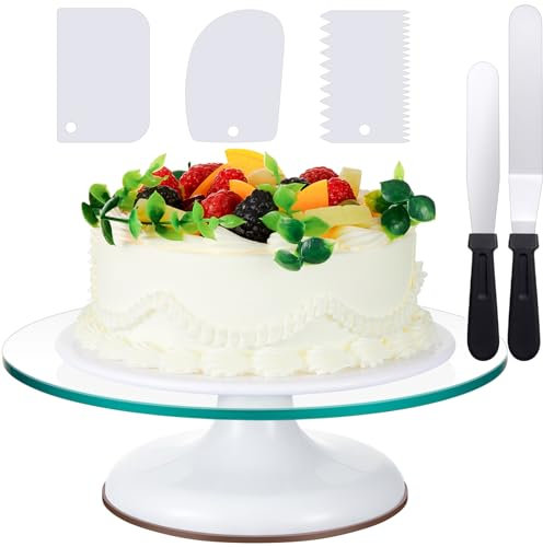 Willinglong 6 Pcs 12 Inch Cake Turntable Set Glass Revolving Cake Spinner Stand Decorating Supplies with 2 Aluminum Alloy Spatulas 3 Icing Smoother Scraper for Birthday Wedding Party Baking
