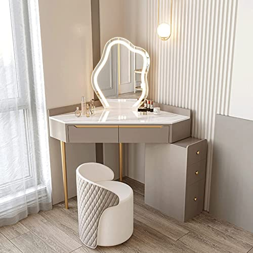 Schminktisch，90° Eckschrank, Schminktisch-Set aus Massivholz mit LED-beleuchtetem Spiegel, Seitenschrank und 5 Schubladen, moderner Schminktisch aus Sinterstein mit Hocker 70 cm/27,6 Zoll We