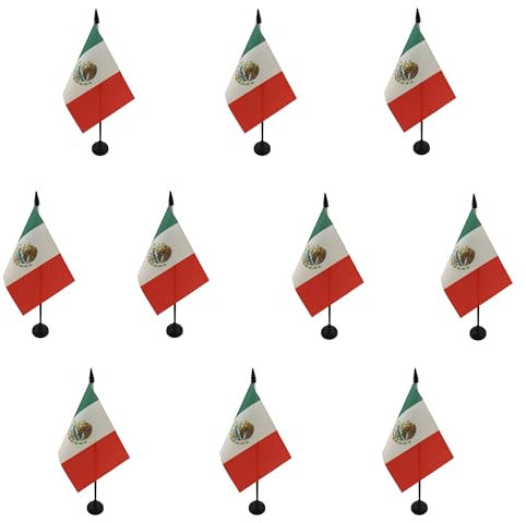 AZ FLAG - Lot de 10 Drapeau De Table Mexique - 15x10 cm - 10 Mini Drapeaux Mexicain De Bureau 100% Polyester Avec Hampe De 25cm Et Socle En Plastique Noir