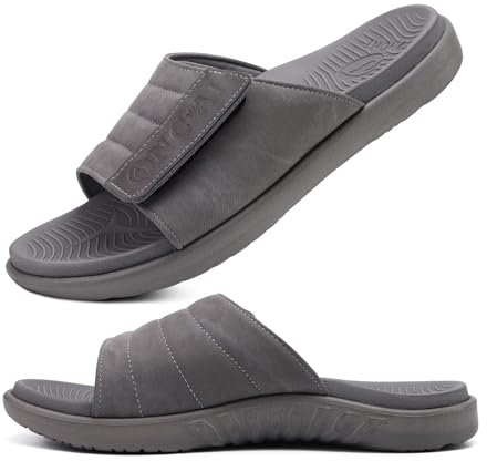 ONCAI Mens Sandals Adjustable Straps Orthotic Plantar Fasciitis Open Toe Athletic Sport Slides with Soft Comfy Arch Support Footbed Grey Size 11