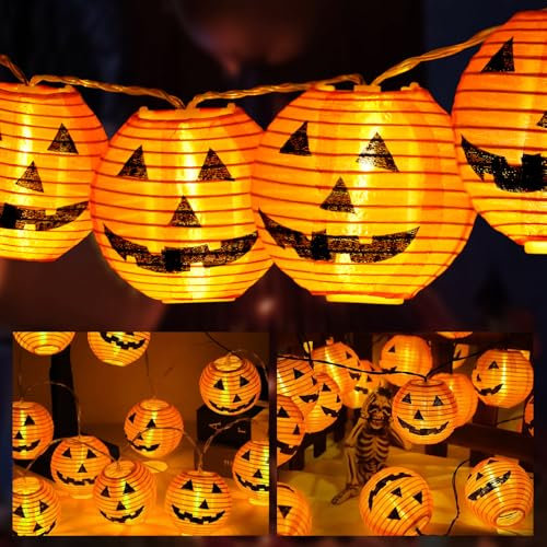 AUAUY Halloween Lichterkette Batterie, 3M 20 LED Orange Kürbis Lampion Lichterkette Batteriebetrieben, 2 Modi Wasserdicht Lichterkette für Außen Innen Deko, Party, Halloween Dekorations