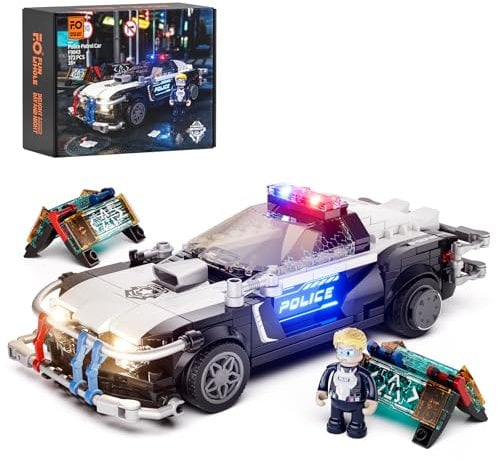 FUNWHOLE Polizeistreifenwagen Beleuchtetes Baustein-Set - Cyberpunk Stadt-Autojagd Spielset mit Polizist, 372 Teile, STEM Spielzeug für Erwachsene und Jugendliche