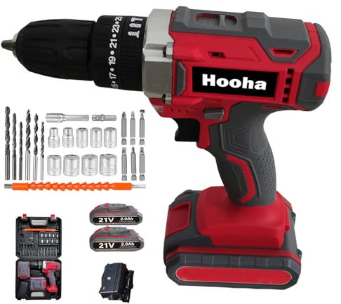 Hooha Akku-Bohrmaschine 2 Geschwindigkeiten 3 Modi zur Auswahl Drehmoment Einstellbar Stufenlose Drehzahlregelung LED-Licht Beleuchtete Bohrmaschine Geeignet Zum Bohren, Aufbohren, Schrauben