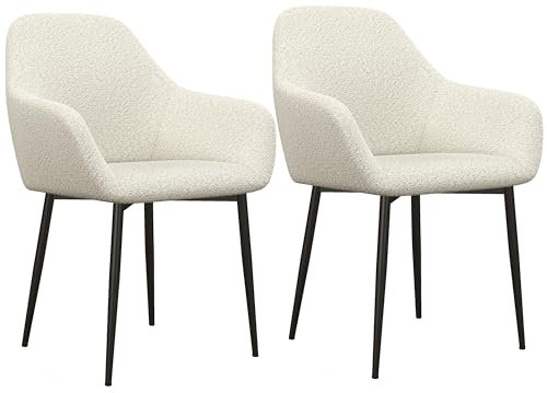 SCIEM Gambino, Chaise en Tissu Bouclette Ecru et Pieds métal Bois (x2) (Ecru et Noir)