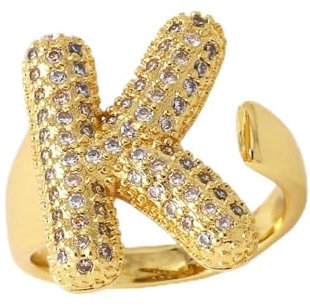 AILYFIRMO Bubble-Buchstabenring, goldener Bubble-Buchstabenring, 14 Karat vergoldet, exquisiter Pavé-Buchstabenring aus Zirkonia, offener Damen-Zirkon-Buchstabenring (K)