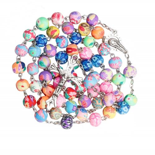 Kuesn 6MM Miraculous Medal Colorful Rosary Necklace Polymer Clay Catholic Rosaries Necklace Christian Prayer Beads Holy Soil Medal Cross Catholic (Colorful)