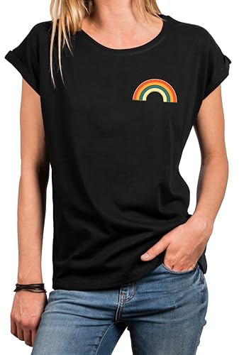MAKAYA Regenbogen Shirt Damen Kurzarm Sommer Top Rundhals Rainbow Oberteile Regenbogenfahne Regenbogenflagge LGBTQ Schwarz XXXXXL