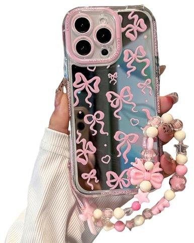 Pretaco for iPhone 13 Pro Case, [Pink Bow Pattern][Shiny Mirror Case][2-in-1 with Beaded Wrist Strap] Soft TPU Frame, Shockproof and Anti-Shock, Suitable for Women & Girls