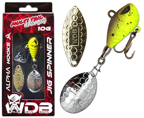 Wild Devil Baits Multi Tail Spin Jig Bleikopfspinner Jig Spinner Kunstköder Angelköder (UV Green Pumpkin Chartreuse, 10g)
