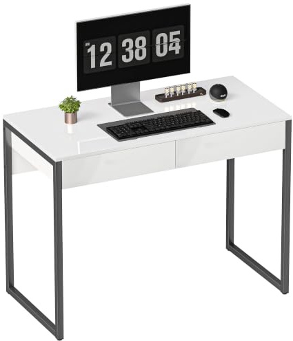 HOMCOM High Gloss Computer Desk with 2 Drawers 100 x 50 cm White and Black