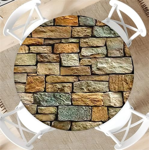 Round Tablecloth with Elastic Edge 44 Inch Waterproof Outdoor Fitted Table Cover for Dining, Kitchen, Party –Pebble Wall Decorative Patterned Table Protector