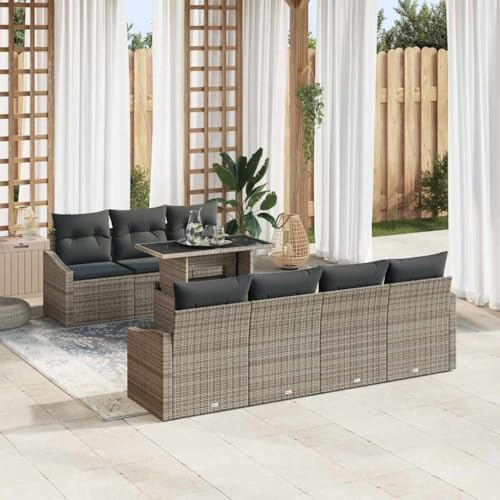 QJBSAVVA 8-TLG. Poly-Rattan Garten-Sofa-Set grau, 55 cm Sitztiefe, verstellbare Füße, Outdoor/Balkon/Terrasse