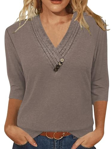 Famulily Womens 3/4 Sleeve Tops Pleated V Neck Summer Ladies Blouses with Buttons Detail