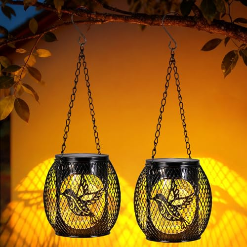 Solar Lights Outdoor Garden, 2 Pack Bird Hanging Solar Lanterns Garden Lights Ornaments Waterproof for Garden Patio Yard Pathway Plant Decoration
