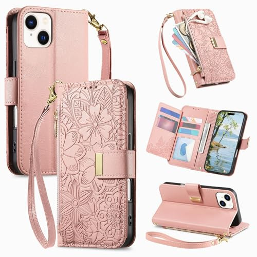 VEEMOS Phone Case for Apple iPhone 15 Plus Case with Zip Wallet Purse Card Holder Slot Embossed Flower Design Folding Flip Cover Leather Stand Lanyard Wrist Strap Women - Pink